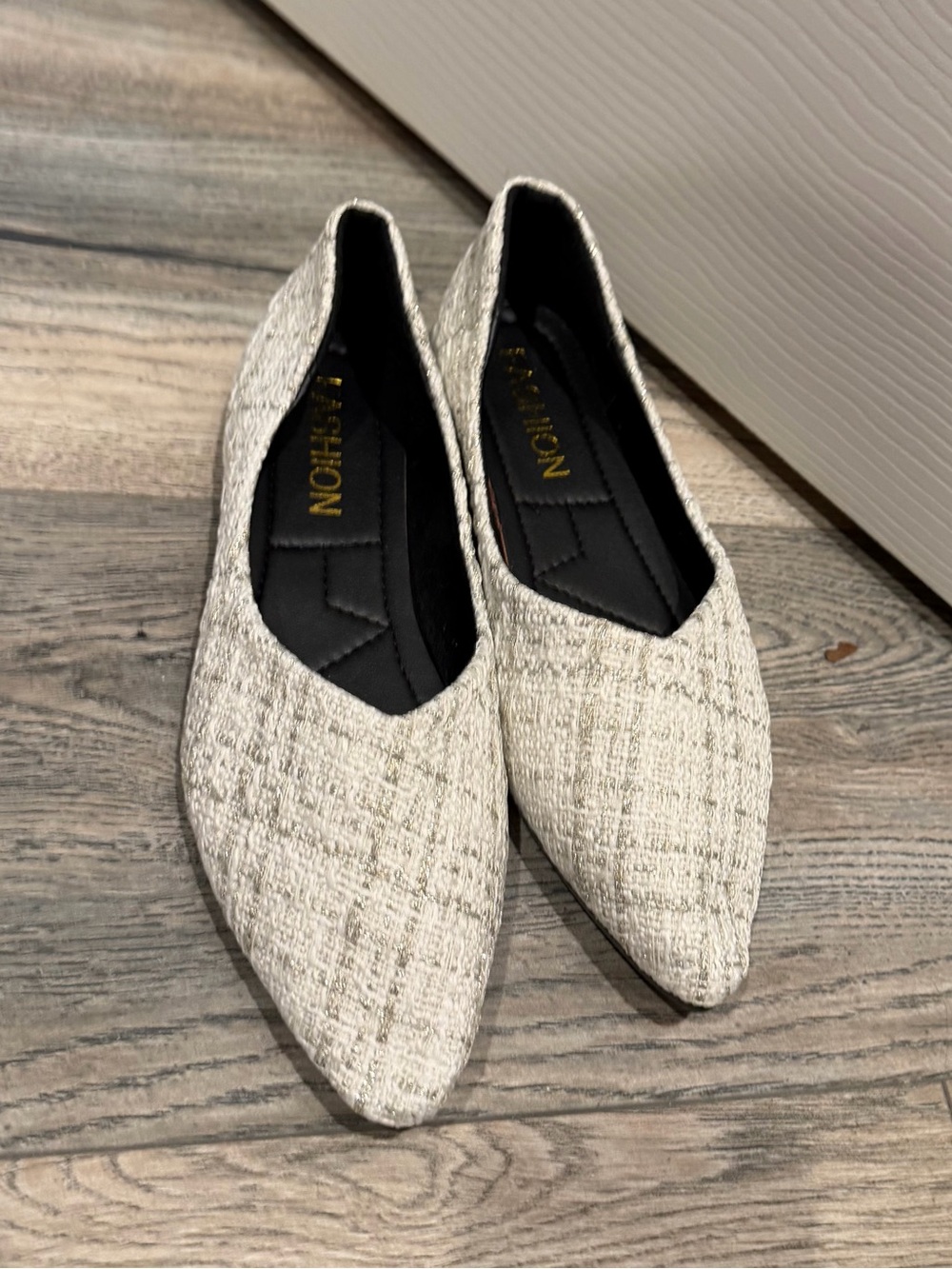 Pointed Toe Tweed Flats in Ivory —